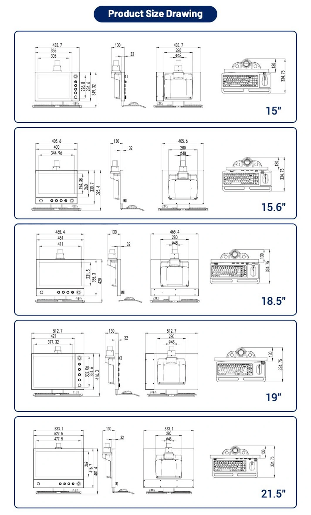 15 Inch Industrial Operation Panel HMI Cantilever Enclosure Supported Arm System Control Panel IP65 Capacitive Touch Screen LCD Display Beckhoff Panel Monitor