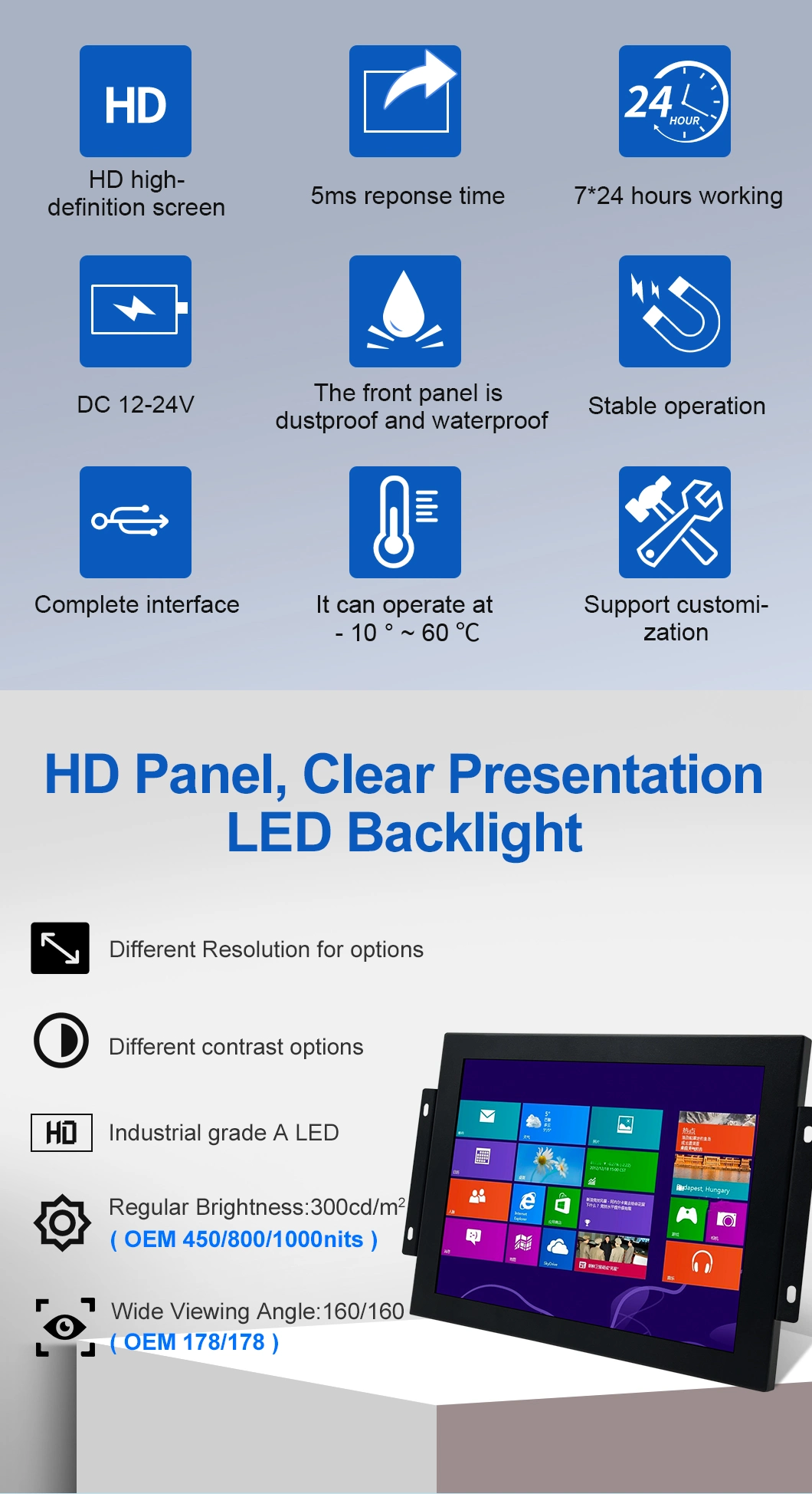 10′′ 10.1′′ Inch HDMI VGA AV BNC Non Touch Screen Metal Case TFT Open Frame Embedded OEM ODM Industrial LCD Monitor