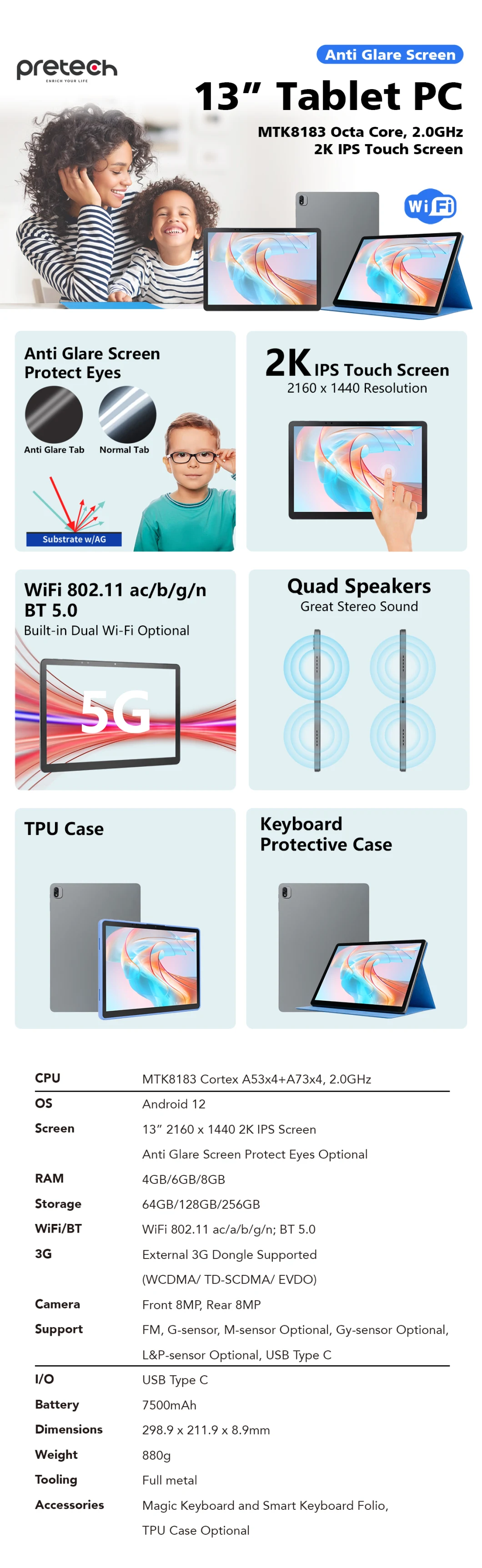 13 Inch Tablet Android OEM Tablet PC Android Mtk8183 Octa Core 2K LCD High Resolution Anti Glare Screen Tablet PC